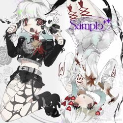 blood blue_hair highres multicolored_hair original red_eyes seiza shorts sitting watermark weibo_7182756322 weibo_watermark white_hair