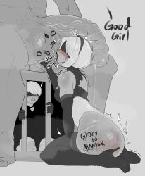 Rule 34 | 1girl, 2b (nier:automata), 2boys, 9s (nier:automata), absurdres, arm between legs, ass, backless leotard, backless outfit, bare shoulders, blindfold, blush, body writing, boots, breasts, byme (bymetalala), cage, caressing testicles, curvy, elbow gloves, english text, fingerless gloves, flaccid, foreskin, from side, full body, gloves, hairband, hetero, high heels, highleg, highleg leotard, highres, huge ass, huge penis, huge testicles, leotard, licking testicle, lipstick, lipstick mark, lipstick mark on testicles, looking at another, makeup, medium breasts, medium hair, monochrome, multiple boys, navel, netorare, nier:automata, nier (series), oral, penis, penis awe, penis on head, precum, profile, shiny skin, sitting, size difference, slap mark, solo focus, testicle sucking, testicles, thick thighs, thigh boots, thighs, thong leotard, tongue, tongue out, uncensored, urethra, veins, veiny penis, wariza, wide hips