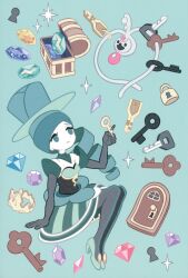 1girl absurdres aqua_background battle_chatelaine black_gloves black_pantyhose chamooi closed_mouth colored_skin commentary crystal door doorknob dress drill_hair elbow_gloves english_commentary evolution_stone evolutionary_stone eyelashes fire_stone full_body gem gen_6_pokemon gloves green_dress green_eyes green_hair green_hat green_shoes hat high_heels highres holding holding_key key king&#039;s_rock klefki lock long_hair morgan_(pokemon) nintendo official_art open_mouth pantyhose pokemon pokemon_(creature) pokemon_xy shoes simple_background single_drill sitting smile third-party_source thunder_stone top_hat treasure_chest water_stone white_skin