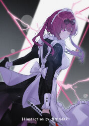 1girl alternate_costume apron artist_name black_dress black_gloves black_thighhighs breasts closed_mouth cowboy_shot dress enmaided eyewear_on_head film_grain from_behind glasses gloves half_gloves highres holding holding_sword holding_weapon honkai:_star_rail honkai_(series) kafka_(honkai:_star_rail) katana large_breasts long_hair long_sleeves looking_at_viewer looking_back maid maid_headdress missing_commentary pince-nez purple_eyes purple_hair revision round_eyewear smile solo srpzk sunglasses sword thighhighs weapon