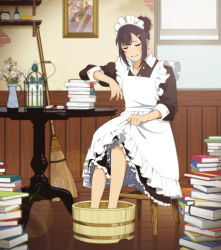 1girl apron black_hair book broom closed_eyes commentary female_focus flower frills glasses hair_bun hot indoors lantern maid maid_apron maid_headdress original single_hair_bun sitting skirt_hold slice_of_life solo suzushiro_(suzushiro333) sweat unworn_eyewear vase washtub window