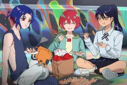 1boy 2girls :i :t absurdres amate_yuzuriha apple blue_hair chopsticks closed_eyes collared_shirt colored_inner_hair conch_(gundam) dumpling eating food fruit gundam gundam_gquuuuuux haro hibiki4411 highres holding holding_chopsticks holding_food holding_plate jacket jiaozi long_hair long_sleeves lower_eyelashes_only multicolored_hair multiple_girls necktie non-humanoid_robot nyaan_(gundam_gquuuuuux) on_ground pants plate ponytail purple_hair red_eyes red_hair robot school_uniform shirt short_hair shuji_ito sitting skirt sleeveless smile sweater tank_top two-tone_hair yellow_eyes