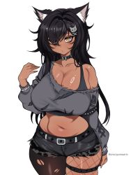 1girl absurdres animal_ear_fluff animal_ears artist_name black_collar black_hair black_pantyhose black_sweater black_tank_top breasts brown_eyes cleavage closed_mouth collar crop_top dark-skinned_female dark_skin denim denim_shorts eyebrows_hidden_by_hair fishnet_pantyhose fishnets hair_between_eyes hair_over_one_eye harutoyumaarts highres large_breasts long_hair navel original pantyhose shorts simple_background skindentation solo stomach sweater tank_top thigh_strap torn_clothes torn_pantyhose white_background wolf_ears wolf_girl