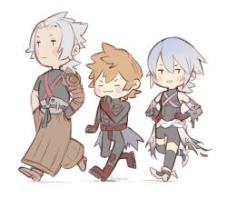 &gt;:) 1girl 2boys :3 anti-aqua aqua_(kingdom_hearts) armor asymmetrical_armor belt bike_shorts black_belt black_shirt black_thighhighs blackpaopu blonde_hair blue_hair blush_stickers boots brown_hakama brown_pants brown_shoes chibi chibi_only closed_eyes commentary dark_persona detached_sleeves elbow_gloves english_commentary expressionless full_body gloves grey_hair grey_shoes hair_slicked_back hakama hand_on_own_chin hands_in_pockets high_heels japanese_clothes kingdom_hearts kingdom_hearts_birth_by_sleep kingdom_hearts_iii knee_boots looking_to_the_side medium_hair multiple_boys pants parted_lips red_belt red_boots shadow shirt shoes short_hair shoulder_armor shoulder_strap signature terra-xehanort thighhighs torn_clothes v-shaped_eyebrows ventus-vanitas waist_cape walking white_background