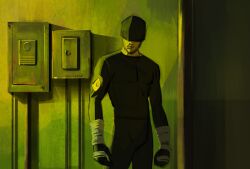 1boy bandages black_pants black_shirt blind daredevil daredevil_(netflix) highres jennipond male_focus marvel marvel_cinematic_universe mask matt_murdock pants shirt solo superhero_costume varia_suit