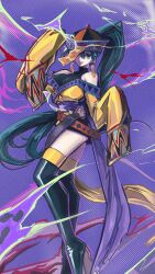 1girl alternate_costume boots breasts fire_emblem fire_emblem:_the_blazing_blade green_eyes green_hair halloween_costume hat highres jiangshi_costume large_breasts long_hair lyn_(fire_emblem) nintendo ofuda one_eye_covered open_mouth ponytail qingdai_guanmao rooru_kyaabetsu sleeves_past_fingers sleeves_past_wrists smile thigh_boots