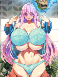 1girl :&lt; bare_shoulders blue_bra blue_fire blue_panties blue_shirt blush bow bow_panties bra breasts clothes_pull collarbone cowboy_shot fire groin hata_no_kokoro highres holding holding_bra holding_underwear holding_unworn_clothes huge_breasts indoors leaf leaf_print light_particles linea_alba long_hair long_sleeves looking_at_viewer mask open_mouth panties pink_eyes pink_hair pink_skirt pixiv_id pixiv_username plaid_clothes plaid_shirt plant shiny_skin shirt signature skirt skirt_pull solo standing stomach sweat thigh_gap touhou twitter_username umigarasu_(kitsune1963) underboob underwear unworn_bra very_long_hair