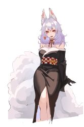 1girl absurdres animal_ears black_gloves black_kimono black_ribbon breasts checkered_sash choker commentary cropped_legs earrings english_commentary eyeshadow facial_mark feet_out_of_frame forehead_mark fox_ears fox_girl fox_tail gloves grey_hair halterneck highres japanese_clothes jewelry kimono lantern_earrings laolihecha large_breasts legs_together looking_at_viewer makeup medium_hair multiple_tails nijisanji nijisanji_en nina_kosaka no_headwear obi off_shoulder open_mouth red_eyes red_eyeshadow ribbon ribbon_choker sash simple_background single_earring smile solo tail virtual_youtuber white_background