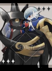 absurdres aegislash alternate_color black_dress black_gloves blue_hair bob_cut colored_skin dress elbow_gloves gardevoir gen_3_pokemon gen_6_pokemon gloves hair_over_one_eye highres holding holding_shield maigo_(user_xkwr8585) mega_gardevoir mega_pokemon nintendo one-eyed pink_eyes pokemon pokemon_(creature) shield shiny_pokemon smile strapless strapless_dress sword weapon white_skin yellow_eyes