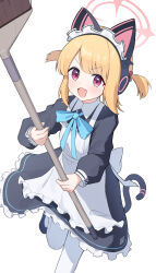1girl :d absurdres animal_ear_headphones animal_ears apron aqua_bow aqua_bowtie back_bow black_dress black_shoes black_tail blonde_hair blue_archive blunt_bangs blush bow bowtie broom cat_ear_headphones cat_ears cat_tail collared_dress commentary_request contrast_collar dot_nose dress eyes_visible_through_hair fake_animal_ears fake_tail foot_out_of_frame foot_up frilled_apron frilled_dress frills hair_bow halo headphones highres holding holding_broom inedibleparts long_sleeves looking_at_viewer maid maid_apron maid_headdress medium_hair millennium_science_school_logo momoi_(blue_archive) momoi_(maid)_(blue_archive) number_print official_alternate_costume official_alternate_hairstyle open_mouth pantyhose parted_bangs partial_commentary pink_bow pink_eyes pink_halo puffy_long_sleeves puffy_sleeves shoes short_twintails sidelocks simple_background smile solo swept_bangs tail tareme teeth twintails upper_teeth_only v-shaped_eyebrows white_apron white_background white_bow white_headdress white_pantyhose