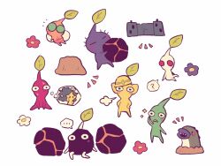 Rule 34 | ..., ?, blue pikmin, bomb rock, commentary request, creature, creature focus, explosion, flower, hands on own hips, hard hat, hat, helmet, holding, nervous sweating, nintendo, no humans, notice lines, pikmin (creature), pikmin (series), purple flower, purple pikmin, red pikmin, rock pikmin, sandbelching meerslug, sigh, simple background, sitting, speech bubble, spoken character, spoken ellipsis, spoken question mark, stone wall, sweat, t (user rftm8574), thought bubble, white background, white pikmin, winged pikmin, yellow hat, yellow pikmin