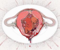 1boy blood closed_eyes commentary fallopian_tubes fetus highres jojo_no_kimyou_na_bouken plate sang_(3soun) short_hair skeleton solo uterus vento_aureo vinegar_doppio