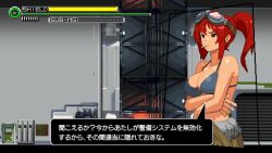 1girl bare_arms bare_shoulders bikini bikini_top_only breasts character_request cigarette colorized glasses_on_head high_ponytail japanese_text large_breasts long_hair picopico256 pixel_art ponytail red_eyes red_hair solo standing tagme the_scramble_vice translation_request visible_ears