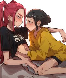 2girls black_hair black_shirt blush closed_mouth clothes_lift commentary earrings eye_contact grey_pants hair_bun hand_under_clothes hand_under_shirt highres hood hoodie jewelry kpop_demon_hunters looking_at_another mira_(kpop_demon_hunters) multiple_girls pants parted_lips pink_hair shirt shirt_lift short_sleeves simple_background smile straddling stud_earrings sweatdrop takao_(88499191) two_side_up white_background yellow_hoodie yuri zoey_(kpop_demon_hunters)