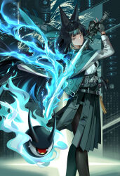 1girl animal_ears black_gloves black_hair black_skirt blue_jacket fire flaming_sword flaming_weapon floating_hair fox_ears gloves highres holding holding_sword holding_weapon hoshimi_miyabi jacket long_hair long_sleeves neko_(yanshoujie) pantyhose pleated_skirt red_eyes skirt solo standing sword tailless_(zenless_zone_zero) very_long_hair weapon zenless_zone_zero