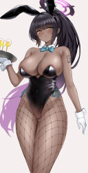 1girl absurdres animal_ears bare_shoulders black_hair black_leotard blue_archive blue_bow blue_bowtie blush bow bowtie breasts covered_navel curvy dark-skinned_female dark_skin detached_collar erorange fake_animal_ears fishnets gloves halo high_ponytail highleg highleg_leotard highres holding holding_tray karin_(blue_archive) karin_(bunny)_(blue_archive) large_breasts leotard long_hair looking_at_viewer official_alternate_costume pantyhose playboy_bunny ponytail rabbit_ears shiny_skin simple_background solo strapless strapless_leotard thighs thong_leotard traditional_bowtie tray very_long_hair white_gloves wide_hips wrist_cuffs yellow_eyes
