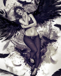 1girl barefoot belt bird breasts camisole cleavage commentary crop_top crow death_of_the_endless english_commentary facial_mark feathered_wings feathers full_body greyscale highres jewelry krystopher_decker lipstick makeup medium_hair midriff monochrome navel necklace pants parted_lips realistic signature small_breasts solo the_sandman_(dc) watermark web_address wings