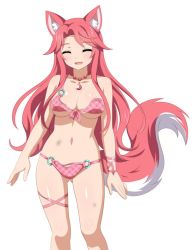 1girl animal_ears bikini blush breasts bruise fox_ears fox_girl fox_tail game_cg injury jewelry long_hair navel necklace sakura_dungeon shiny_skin swimsuit tail thighs yomi_(sakura_dungeon)