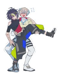 Rule 34 | 2boys, ahoge, black hair, black pants, black shirt, black shoes, blonde hair, blue hair, blue pants, blush, capri pants, closed eyes, clothing cutout, collarbone, collared shirt, commentary request, covered collarbone, creepyday, crop top, flying sweatdrops, green hair, green pants, grey hair, hair between eyes, hair ornament, hairclip, hibachi mana, hibachi mana (1st costume), inami rai, inami rai (1st costume), layered sleeves, leg up, long sleeves, male focus, multicolored hair, multicolored pants, multicolored shoes, multiple boys, nijisanji, nose blush, open mouth, pants, purple eyes, red shirt, shirt, shoes, short hair, short over long sleeves, short sleeves, shoulder cutout, sidelocks, simple background, standing, standing on one leg, streaked hair, sweat, trembling, turtleneck, two-tone shirt, two-tone shoes, v-shaped eyebrows, virtual youtuber, white background, white pants, white shirt, white shoes, yellow shirt