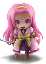 1girl boots bow bracer brown_boots chibi coat collared_coat commentary_request dress forehead fuyuzato_seia hairband holding holding_sword holding_weapon hoshi_wo_miru_hito katana lace-trimmed_coat lace-trimmed_sleeves lace_trim long_hair looking_at_viewer misa_(hoshi_wo_miru_hito) open_mouth pantyhose pink_coat pink_hair pleated_dress purple_dress purple_eyes purple_pantyhose shaded_face shadow short_dress short_sleeves simple_background smile solo standing stargazer_(series) straight-on sword very_long_hair waist_bow weapon white_background yellow_bow yellow_hairband