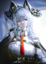 1girl absurdres ahoge arm_behind_head arm_pouch arm_up artist_name black_gloves black_horns black_jacket black_pants breasts chest_harness choker closed_mouth collared_shirt commentary curled_horns earrings gloves grey_choker harness high-waist_pants highres horns jacket jacket_on_shoulders jewelry key_earrings large_breasts long_hair looking_at_viewer mole mole_under_eye necktie pants red_eyes red_necktie runamonet shirt shirt_tucked_in signature single_earring solo upper_body white_hair white_shirt wuthering_waves zani_(wuthering_waves)
