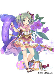 Rule 34 | 1girl, :d, achimenes (flower knight girl), ahoge, bag, ball, bare legs, beachball, bow, bracelet, dress flower, flower, flower knight girl, full body, goggles, green eyes, green hair, hair bow, hair intakes, hat, hat bow, holding, holding staff, holding swim ring, innertube, jewelry, kurot, looking at viewer, name connection, object namesake, official art, open mouth, purple bow, sandals, short hair, short twintails, simple background, skirt, smile, solo, staff, standing, striped clothes, striped skirt, sun hat, suspender skirt, suspenders, swim ring, thighlet, twintails, unworn goggles, unworn hat, unworn headwear, vertical-striped clothes, vertical-striped skirt, white background, white hat, wrist cuffs