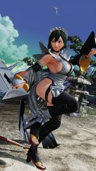 1girl 3d black_hair black_leotard breasts butterfly_swords curvy fighting_stance forest full_body highleg highleg_leotard highres holding holding_weapon iroha_(samurai_spirits) large_breasts leotard lips looking_to_the_side maid maid_headdress nature ryona samurai_spirits screencap shiny_skin short_hair sideboob skindentation smile solo thighhighs third-party_edit weapon wide_hips