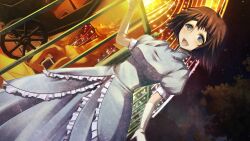 1girl amusement_park aqua_eyes black_hair black_trim blue_dress blue_eyes breasts carousel collar collarbone dress dutch_angle elbow_gloves frilled_collar frilled_dress frilled_skirt frills game_cg gloves happy high_collar highres holding holding_pole horse huke layered_skirt long_skirt looking_at_viewer medium_breasts medium_hair night night_sky non-web_source official_alternate_costume official_art open_mouth outdoors outstretched_arm pink_lips pole puffy_short_sleeves puffy_sleeves ringed_eyes shiina_mayuri shiny_lips short_sleeves skirt sky solo square_pupils standing star_(sky) starry_sky steins;gate steins;gate:_my_darling&#039;s_embrace tareme tongue tree white_gloves white_horse