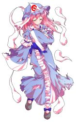 1girl alphes_(style) commentary_request dairi defeat dress full_body ghost hand_fan hat highres parody pink_eyes pink_hair saigyouji_yuyuko short_hair smile solo style_parody tachi-e torn_clothes touhou transparent_background triangular_headpiece wide_sleeves