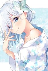 1girl amagami-san_chi_no_enmusubi amagami_asahi bare_shoulders blue_eyes blush breasts flower hair_flower hair_ornament highres japanese_clothes kimono looking_at_viewer marcey smile white_hair yukata