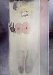 1girl absurdres against_glass animal_ears blonde_hair breast_press breasts breasts_on_glass cuffs cum cum_bath cumdump gag gloves handcuffs highres large_breasts le_fantasque_buhuijiashuai rabbit_ears ring_gag thighhighs warship_girls_r