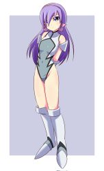 1girl arms_behind_back boots breasts full_body fumiki_rikiya gloves hairband highres leotard light_purple_hair long_hair looking_at_viewer lou_roux purple_hair shinkon_gattai_godannar!! shiny_clothes shiny_skin simple_background skin_tight solo white_background