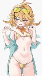 1girl aqua_eyes aqua_shirt artist_name bikini black_nails blonde_hair blush breasts cowboy_shot cross_scar dokibird_(vtuber) dokibird_(vtuber)_(bounty_hunter) embarrassed eyewear_on_head fang feather_hair fingernails flying_sweatdrops gold_bikini hair_between_eyes hair_ornament highres indie_virtual_youtuber long_fingernails looking_to_the_side medium_breasts medium_hair micro_bikini nail_polish navel off_shoulder oimo_0imo open_clothes open_mouth open_shirt pinstripe_pattern pinstripe_shirt scar scar_on_arm shirt simple_background solo standing stomach string_bikini sunglasses swimsuit virtual_youtuber white_background x_hair_ornament