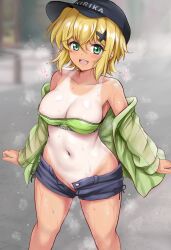 1girl akatsuki_kirika areola_slip black_hat black_shorts blonde_hair breasts cleavage collarbone commentary_request female_pubic_hair green_eyes green_jacket hair_ornament hat highres jacket looking_at_viewer medium_breasts navel nipple_slip nipples no_panties one-piece_tan open_fly open_mouth pubic_hair pussy pussy_peek r-binon senki_zesshou_symphogear short_hair shorts solo sparse_pubic_hair speech_bubble standing sweat tan tanline x_hair_ornament