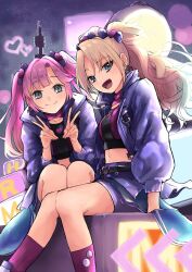 2girls :d above_cleavage_cutout absurdres anyoji_hime bad_id bad_twitter_id blast!!_(love_live!) blonde_hair blue_eyes blue_hair bow breasts closed_mouth collarbone commentary crop_top double_v english_commentary fang feet_out_of_frame gradient_hair hair_bow hair_intakes hair_ornament heart heart_hair_ornament highres jacket link!_like!_love_live! long_hair long_sleeves looking_at_viewer love_live! medium_breasts mendo_(mend0o0_) midriff miniskirt mira-cra_park! multicolored_hair multiple_girls navel official_alternate_costume official_alternate_hairstyle open_clothes open_jacket open_mouth osawa_rurino outdoors pink_hair pink_shirt pink_socks puffy_long_sleeves puffy_sleeves purple_bow purple_jacket purple_skirt shirt sidelocks sitting skirt smile socks split_mouth twintails v virtual_youtuber