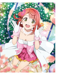 1girl artbook awakening_promise_(love_live!) blunt_bangs breasts cleavage collarbone dress earrings flower gloves hair_bun hair_flower hair_ornament highres jewelry looking_at_viewer love_live! love_live!_nijigasaki_high_school_idol_club medium_hair necklace non-web_source official_art open_mouth pearl_necklace pink_dress pink_flower pink_hair single_side_bun smile solo swept_bangs uehara_ayumu white_dress white_gloves yellow_eyes