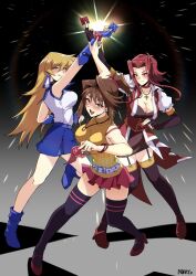 3girls artist_name belt blonde_hair blue_eyes breasts brown_eyes brown_hair card corset duel_academy_uniform_(yu-gi-oh!_gx) hair_ornament highres holding holding_card izayoi_aki large_breasts mazaki_anzu medium_hair mibry_(phrysm) miniskirt multiple_girls ponytail red_hair skirt tenjouin_asuka thighhighs yu-gi-oh! yu-gi-oh!_5d&#039;s yu-gi-oh!_gx yu-gi-oh!_the_dark_side_of_dimensions