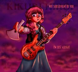 Rule 34 | 1girl, black jacket, black nails, bocchi the rock!, braid, braided ponytail, cloud, cloudy sky, dress, earrings, english text, feet out of frame, green dress, guitar, hair over shoulder, highres, hiroi kikuri, instrument, jacket, jewelry, long hair, looking at viewer, looking down, multicolored jacket, open mouth, outdoors, purple eyes, purple hair, purple sky, sky, solidbone, solo, standing, two-tone jacket, white jacket