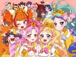 6+girls akagi_towa amanogawa_kirara aroma_(go!_princess_precure) bad_id bad_pixiv_id bird blonde_hair blush cat close_(go!_princess_precure) cure_flora cure_mermaid cure_scarlet cure_twinkle dog dyspear earrings go!_princess_precure hair_ornament haruno_haruka jewelry kaidou_minami kitakaze_asuka kuroro_(go!_princess_precure) lock_(go!_princess_precure) long_hair magical_girl miss_siamour multicolored_hair multiple_girls nanase_yui pink_hair precure puff_(go!_princess_precure) purin_(purin0) red_eyes shut_(go!_princess_precure) smile two-tone_hair