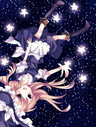 Rule 34 | 1girl, apron, bad id, bad pixiv id, blonde hair, female focus, hat, kirisame marisa, long hair, nayuta (artist), nayuta (scarlet-noize), night, night sky, red eyes, sky, smile, solo, star (symbol), touhou, upside-down, wavy hair, witch, witch hat