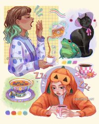 2girls artist_name black_cat blue_jacket brown_hair cat closed_eyes cup frog from_side glass_teapot green_hair highres holding holding_cup hood hoodie jacket luztapiaart multicolored_hair multicolored_jacket multiple_girls open_mouth orange_hair orange_hoodie original peyton_(luztapiaart) roya_(luztapiaart) saucer sleep_mask teacup two-tone_hair two-tone_jacket watermark white_jacket zzz