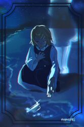 1boy 1girl allen_avadonia back-to-back beach black_robe black_tunic blonde_hair blue_theme brother_and_sister crying evillious_nendaiki ghost hair_ornament hairclip hand_on_own_chest highres hill kagamine_len kagamine_rin lyrics message_in_a_bottle night night_sky nun nunosei regret_message_(vocaloid) riliane_lucifen_d&#039;autriche robe sand short_hair siblings sky solo star_(sky) starry_sky streaming_tears swept_bangs tears tunic twins vocaloid