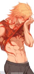 1boy abs absurdres alternate_costume arm_tattoo blonde_hair blush braid chest_tattoo clothes_lift facial_tattoo gradient_hair hair_between_eyes highres honkai:_star_rail honkai_(series) male_focus male_underwear male_underwear_peek medium_hair multicolored_hair mydei_(honkai:_star_rail) navel nlllllllll0216 pectorals red_hair red_tattoo shirt shirt_lift side_braid simple_background sleeveless sleeveless_shirt solo sweatdrop tattoo toned toned_male underwear white_background yellow_eyes
