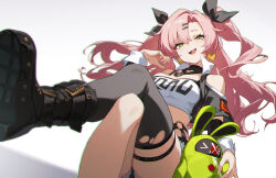 1girl absurdres amillion_(zenless_zone_zero) bangboo_(zenless_zone_zero) black_thighhighs crop_top crossed_legs denim green_eyes green_nails hair_ornament hairclip highres jeans long_hair looking_at_viewer mole mole_under_eye nail_polish nicole_demara off-shoulder_shirt off_shoulder open_mouth pants pink_hair shali shirt single_thighhigh teeth thigh_strap thighhighs torn_clothes torn_thighhighs two_side_up upper_teeth_only white_background zenless_zone_zero