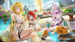 5girls :d absurdres aglaea_(honkai:_star_rail) apple arm_under_breasts bare_shoulders black_tiara blonde_hair blue_butterfly blue_eyes blush breasts bug butterfly castorice_(honkai:_star_rail) cleavage closed_mouth collarbone commentary cross-shaped_pupils day dress flower food fruit golden_apple green_butterfly green_eyes hair_between_eyes hair_flower hair_ornament hand_up highres holding honkai:_star_rail honkai_(series) insect large_breasts long_hair mata_hari_(be_shelved)_(fate) meoyo multiple_girls off-shoulder_dress off_shoulder open_mouth outdoors pointy_ears purple_eyes purple_flower purple_hair red_hair sitting smile symbol-shaped_pupils tiara trianne_(honkai:_star_rail) tribbie_(honkai:_star_rail) trinnon_(honkai:_star_rail) very_long_hair white_flower yellow_butterfly
