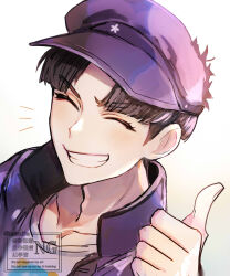 1boy artist_name black_hair blue_hat blue_jacket blush closed_eyes grin hat highres jacket kizami_(hetaisi) male_focus maruko_gaku open_clothes open_jacket print_shirt shirt simple_background smile solo the_hundred_line_-last_defense_academy- thumbs_up upper_body white_background