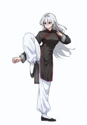 1girl black_dress black_hanfu changpao china_dress chinese_clothes crane_stance dress fighting hanfu high_kick highres kicking kokoro_no_koibito kung_fu long_hair mandarin_collar martial_arts original red_eyes self-upload smile solo standing standing_on_one_leg training white_hair