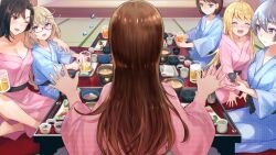 6+girls ;d ^_^ alcohol bare_shoulders bath_yukata beer beer_mug black_hair black_sash blonde_hair blue_eyes blue_kimono blush bowl breasts brown_hair chopsticks cleavage closed_eyes closed_mouth cup curtained_hair daigo_honoka drunk expressionless flying_sweatdrops food game_cg holding holding_cup indian_style indoors japanese_clothes juice kimono long_sleeves marie_mahler medium_breasts mug mugendo_saki multiple_girls non-web_source nose_blush off_shoulder official_art one_eye_closed open_mouth orange_juice otori_ai pink_kimono profile purple_eyes red_eyes rice rice_bowl sash seiza shrimp sitting smile sweatdrop table tachibana_nana yanagiya_kokoro yukata yumeutsutsu_re:master