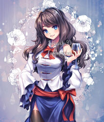 1girl alcohol artist_name bare_shoulders belt black_hair blue_background blue_eyes blue_skirt bow bowtie breasts clothing_cutout collared_shirt commentary commission cowboy_shot cup drinking_glass english_commentary fingernails floral_background frilled_sleeves frills gold_buttons grin hand_on_own_hip head_tilt layered_sleeves lips long_hair long_sleeves looking_at_viewer original red_belt red_bow red_bowtie red_wine sasucchi95 shirt shoulder_cutout side_slit simple_background skirt small_breasts smile solo standing thighhighs watermark wavy_hair white_shirt wide_sleeves wine wine_glass zettai_ryouiki