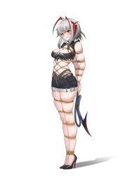 1girl absurdres antenna_hair arknights arms_behind_back bdsm bound bound_arms bound_legs bound_tail breasts demon_girl demon_horns demon_tail full_body grey_hair grin high_heels highres horns looking_at_viewer medium_breasts red_eyes second-party_source shibari shibari_over_clothes shinebell shorts smile solo standing tail w_(arknights) white_background wis&#039;adel_(arknights)